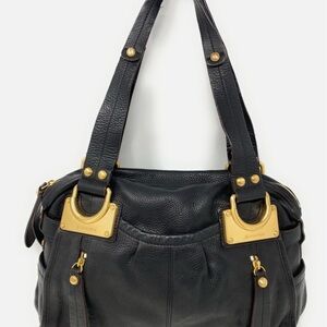 B. Makowsky Black Leather Shoulder Bag with Gold Details